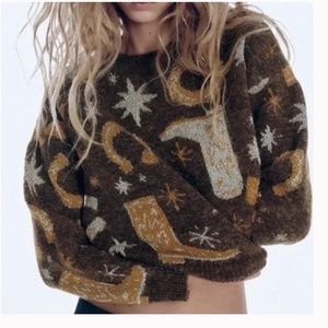 Reposh ZARA Western Cowboy Boot Nashville Horseshoe Sweater Brown Metallic Small